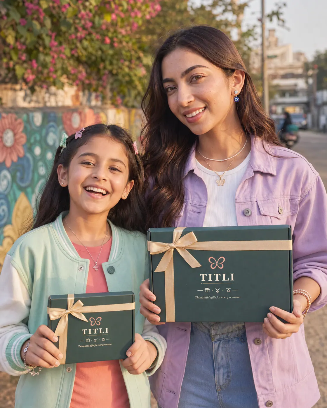 Two Indian sisters smiling with TITLI gift boxes on a colourful Delhi street
